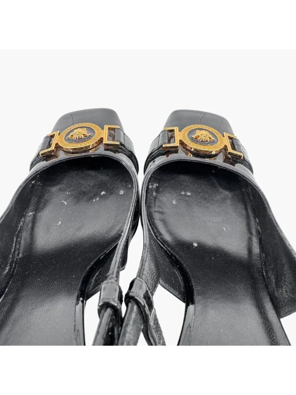 Versace Medusa Slingback Pumps Size 37 US 7 Black Patent Leather Block Heel